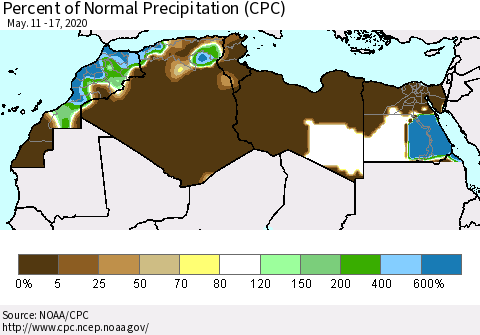 North Africa Percent of Normal Precipitation (CPC) Thematic Map For 5/11/2020 - 5/17/2020