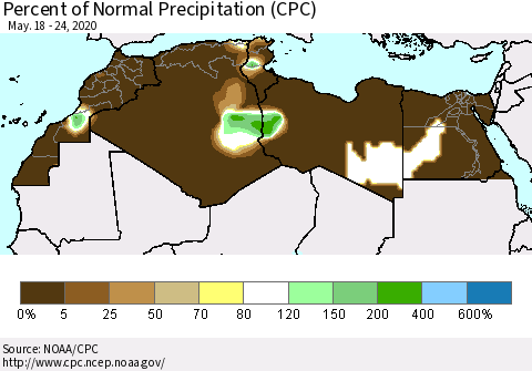North Africa Percent of Normal Precipitation (CPC) Thematic Map For 5/18/2020 - 5/24/2020