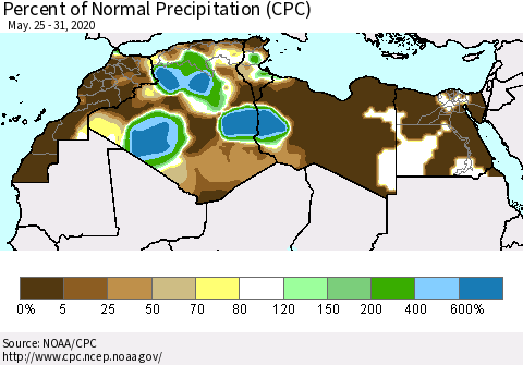 North Africa Percent of Normal Precipitation (CPC) Thematic Map For 5/25/2020 - 5/31/2020