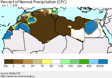 North Africa Percent of Normal Precipitation (CPC) Thematic Map For 6/1/2020 - 6/7/2020