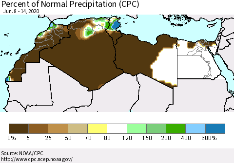 North Africa Percent of Normal Precipitation (CPC) Thematic Map For 6/8/2020 - 6/14/2020