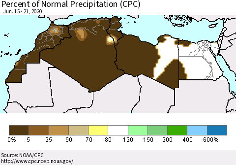 North Africa Percent of Normal Precipitation (CPC) Thematic Map For 6/15/2020 - 6/21/2020