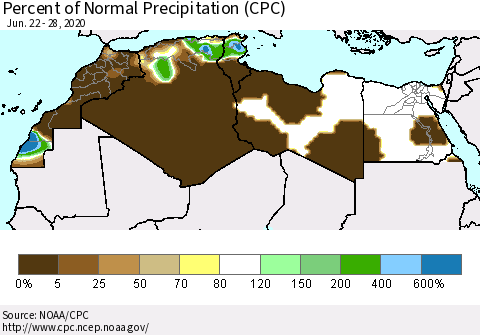 North Africa Percent of Normal Precipitation (CPC) Thematic Map For 6/22/2020 - 6/28/2020