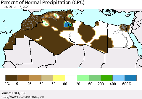 North Africa Percent of Normal Precipitation (CPC) Thematic Map For 6/29/2020 - 7/5/2020