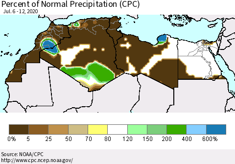 North Africa Percent of Normal Precipitation (CPC) Thematic Map For 7/6/2020 - 7/12/2020
