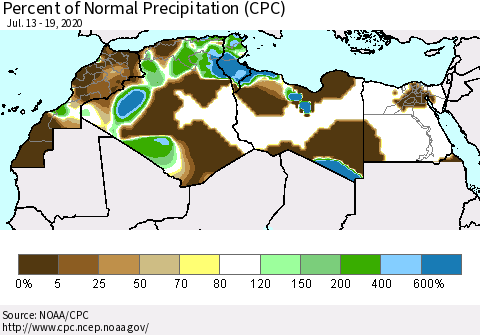 North Africa Percent of Normal Precipitation (CPC) Thematic Map For 7/13/2020 - 7/19/2020