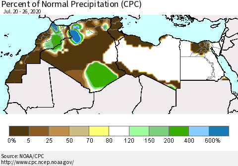 North Africa Percent of Normal Precipitation (CPC) Thematic Map For 7/20/2020 - 7/26/2020