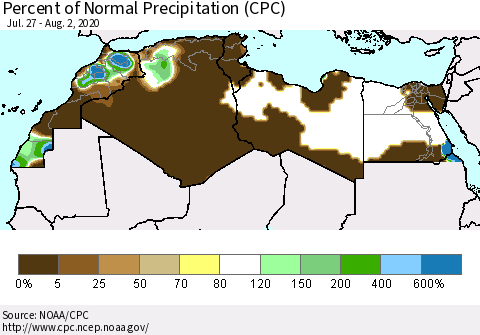 North Africa Percent of Normal Precipitation (CPC) Thematic Map For 7/27/2020 - 8/2/2020