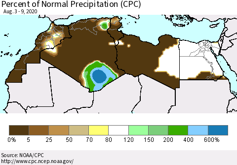 North Africa Percent of Normal Precipitation (CPC) Thematic Map For 8/3/2020 - 8/9/2020
