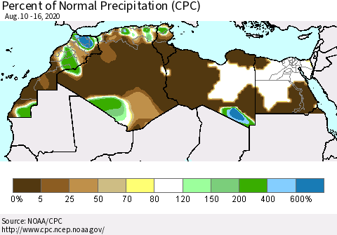 North Africa Percent of Normal Precipitation (CPC) Thematic Map For 8/10/2020 - 8/16/2020