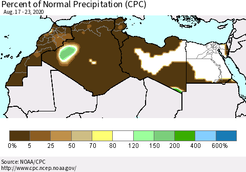 North Africa Percent of Normal Precipitation (CPC) Thematic Map For 8/17/2020 - 8/23/2020
