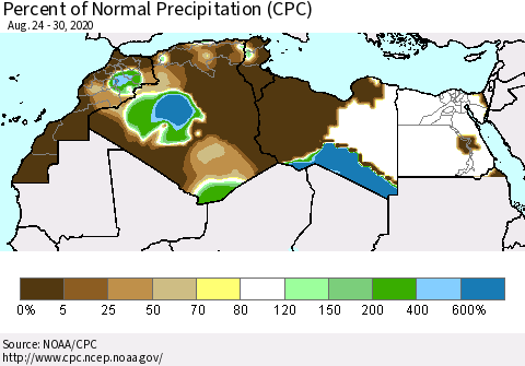 North Africa Percent of Normal Precipitation (CPC) Thematic Map For 8/24/2020 - 8/30/2020