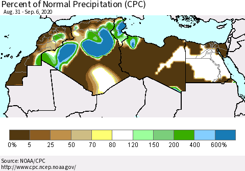 North Africa Percent of Normal Precipitation (CPC) Thematic Map For 8/31/2020 - 9/6/2020