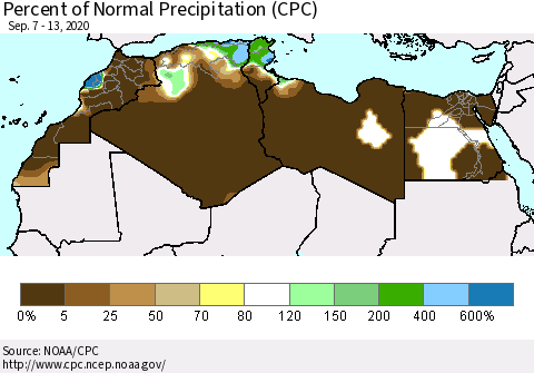 North Africa Percent of Normal Precipitation (CPC) Thematic Map For 9/7/2020 - 9/13/2020