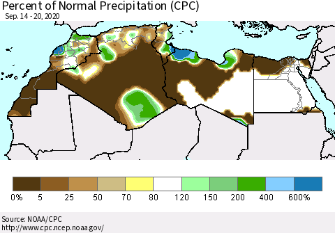 North Africa Percent of Normal Precipitation (CPC) Thematic Map For 9/14/2020 - 9/20/2020