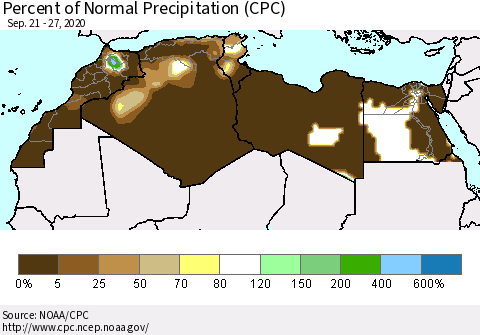North Africa Percent of Normal Precipitation (CPC) Thematic Map For 9/21/2020 - 9/27/2020