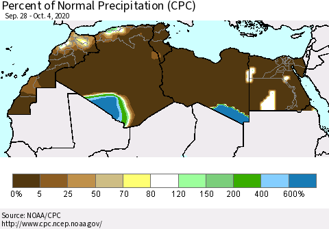 North Africa Percent of Normal Precipitation (CPC) Thematic Map For 9/28/2020 - 10/4/2020