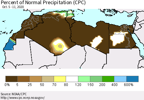 North Africa Percent of Normal Precipitation (CPC) Thematic Map For 10/5/2020 - 10/11/2020