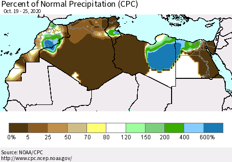North Africa Percent of Normal Precipitation (CPC) Thematic Map For 10/19/2020 - 10/25/2020