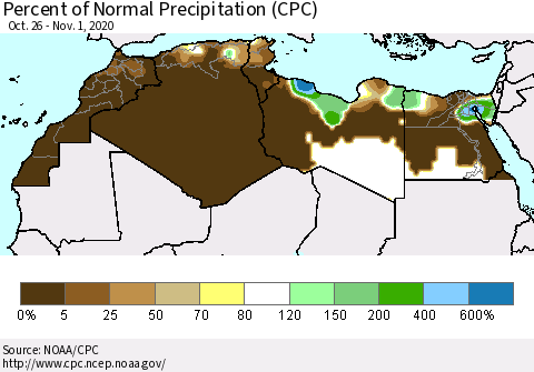 North Africa Percent of Normal Precipitation (CPC) Thematic Map For 10/26/2020 - 11/1/2020