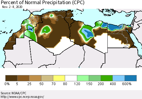 North Africa Percent of Normal Precipitation (CPC) Thematic Map For 11/2/2020 - 11/8/2020