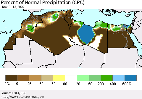 North Africa Percent of Normal Precipitation (CPC) Thematic Map For 11/9/2020 - 11/15/2020