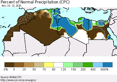 North Africa Percent of Normal Precipitation (CPC) Thematic Map For 11/16/2020 - 11/22/2020