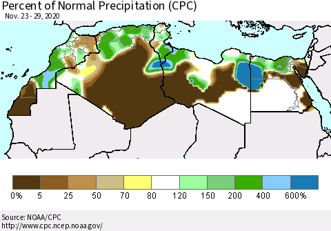 North Africa Percent of Normal Precipitation (CPC) Thematic Map For 11/23/2020 - 11/29/2020
