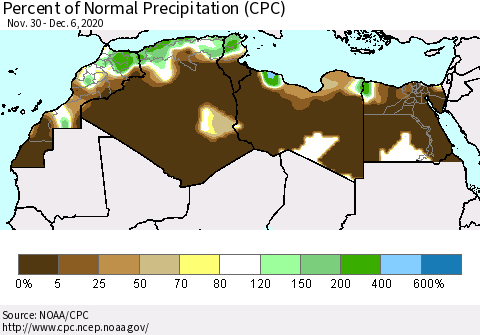 North Africa Percent of Normal Precipitation (CPC) Thematic Map For 11/30/2020 - 12/6/2020