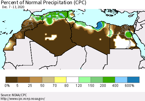 North Africa Percent of Normal Precipitation (CPC) Thematic Map For 12/7/2020 - 12/13/2020