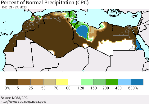 North Africa Percent of Normal Precipitation (CPC) Thematic Map For 12/21/2020 - 12/27/2020