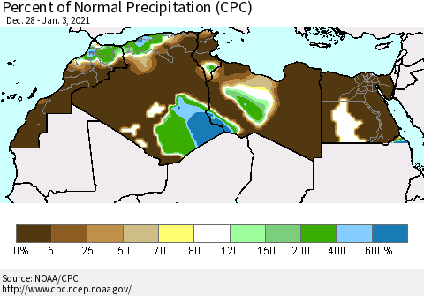 North Africa Percent of Normal Precipitation (CPC) Thematic Map For 12/28/2020 - 1/3/2021