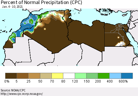 North Africa Percent of Normal Precipitation (CPC) Thematic Map For 1/4/2021 - 1/10/2021