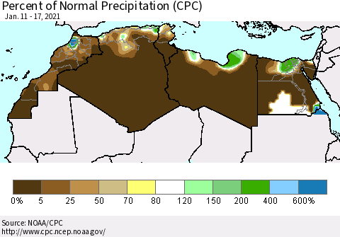 North Africa Percent of Normal Precipitation (CPC) Thematic Map For 1/11/2021 - 1/17/2021
