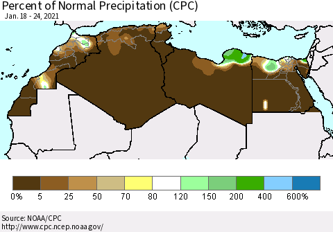 North Africa Percent of Normal Precipitation (CPC) Thematic Map For 1/18/2021 - 1/24/2021