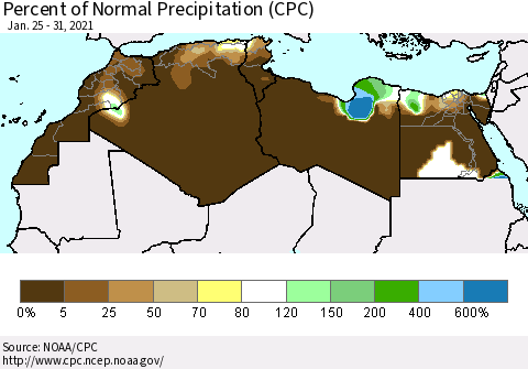 North Africa Percent of Normal Precipitation (CPC) Thematic Map For 1/25/2021 - 1/31/2021