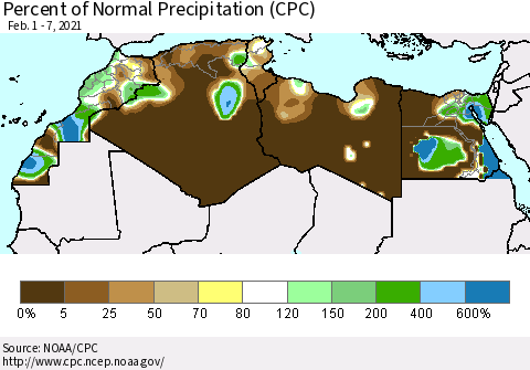 North Africa Percent of Normal Precipitation (CPC) Thematic Map For 2/1/2021 - 2/7/2021