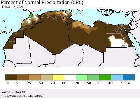 North Africa Percent of Normal Precipitation (CPC) Thematic Map For 2/8/2021 - 2/14/2021
