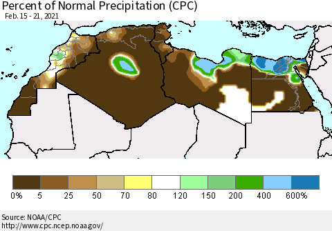 North Africa Percent of Normal Precipitation (CPC) Thematic Map For 2/15/2021 - 2/21/2021