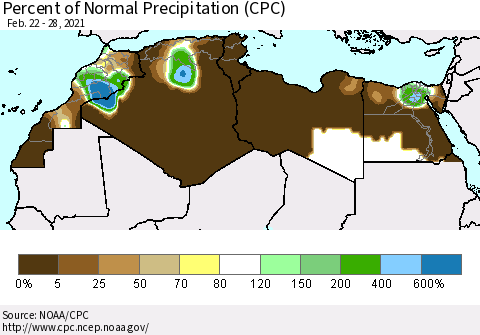 North Africa Percent of Normal Precipitation (CPC) Thematic Map For 2/22/2021 - 2/28/2021