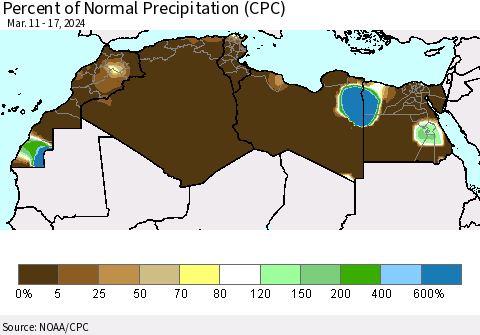 North Africa Percent of Normal Precipitation (CPC) Thematic Map For 3/11/2024 - 3/17/2024