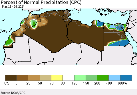 North Africa Percent of Normal Precipitation (CPC) Thematic Map For 3/18/2024 - 3/24/2024