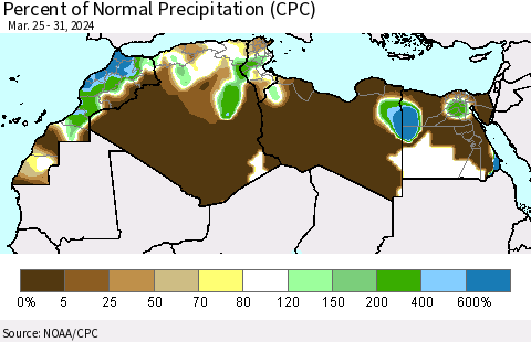 North Africa Percent of Normal Precipitation (CPC) Thematic Map For 3/25/2024 - 3/31/2024
