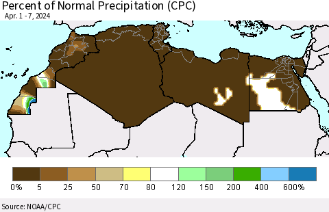 North Africa Percent of Normal Precipitation (CPC) Thematic Map For 4/1/2024 - 4/7/2024