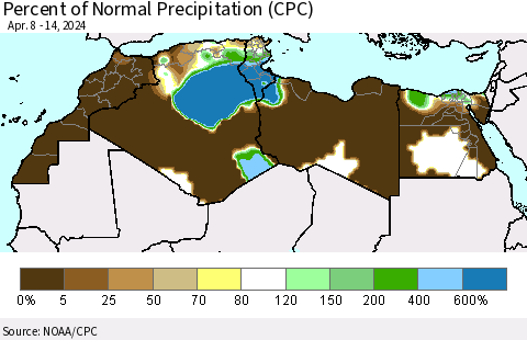 North Africa Percent of Normal Precipitation (CPC) Thematic Map For 4/8/2024 - 4/14/2024