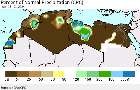 North Africa Percent of Normal Precipitation (CPC) Thematic Map For 4/15/2024 - 4/21/2024