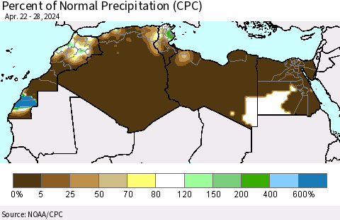 North Africa Percent of Normal Precipitation (CPC) Thematic Map For 4/22/2024 - 4/28/2024