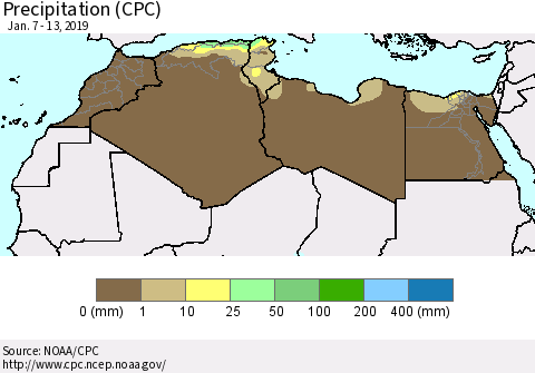 North Africa Precipitation (CPC) Thematic Map For 1/7/2019 - 1/13/2019