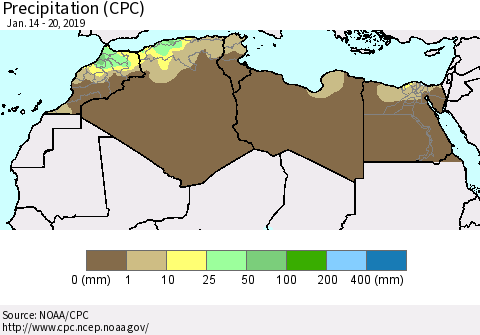 North Africa Precipitation (CPC) Thematic Map For 1/14/2019 - 1/20/2019