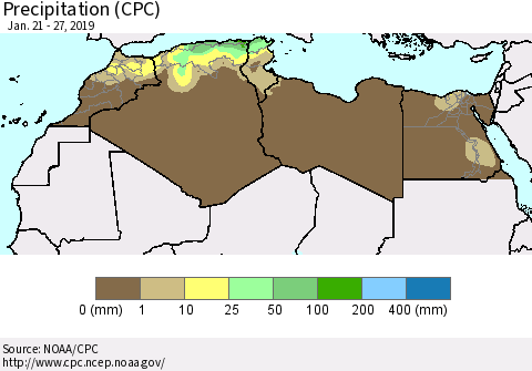 North Africa Precipitation (CPC) Thematic Map For 1/21/2019 - 1/27/2019